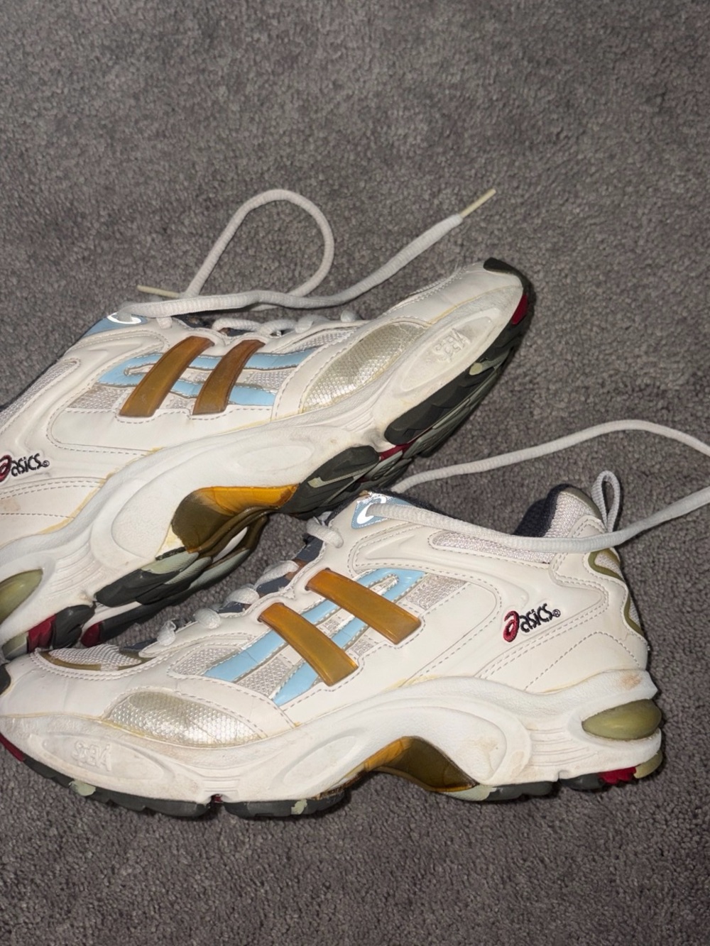 Asics White Athletic Sneakers with Light Blue and Gold Accents